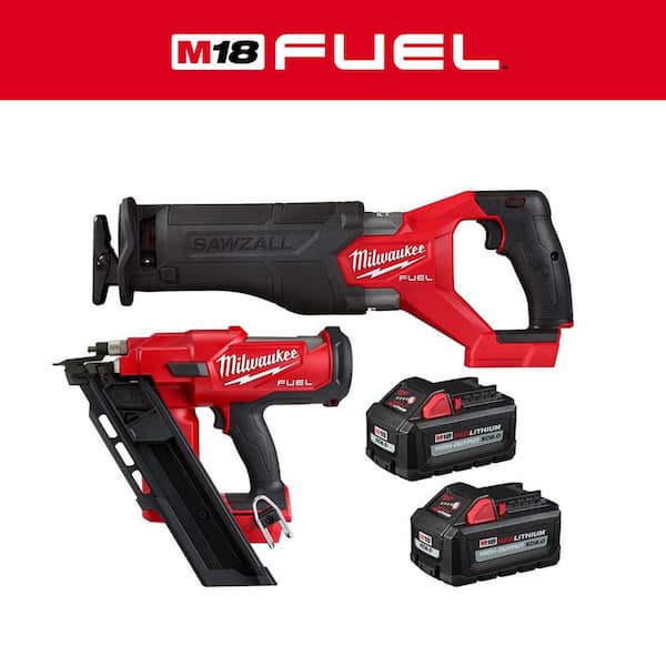 Milwaukee M18 FUEL GEN-2 18V Lithium-Ion Brushless Cordless SAWZALL w/3-1/2 in. 30-Degree Framing Nailer, Two 6Ah HO Batteries