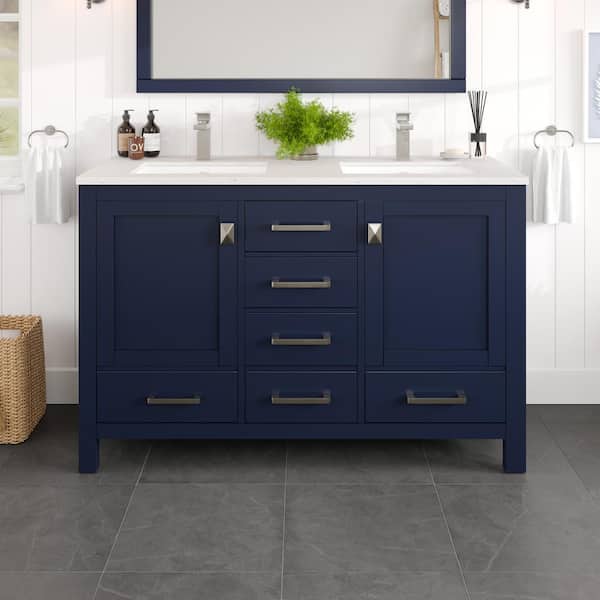 London 54 in. Double Sink Blue Bath Vanity with White Carrara Quartz Top (Assembled)