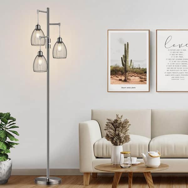 70 in. Silver 3-Light Lantern Floor Lamp with 3 LED Bulbs Included