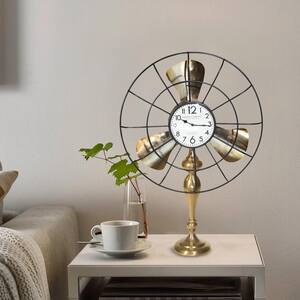 Gold and Bronze Large Metal Fan Style Table Clock with Pedestal Base