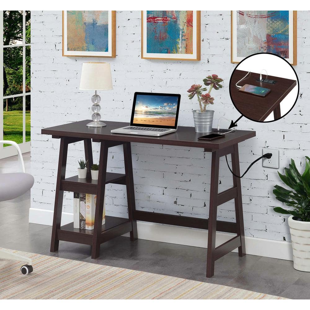 Espresso Wood Trestle Desk with USB Charging Station