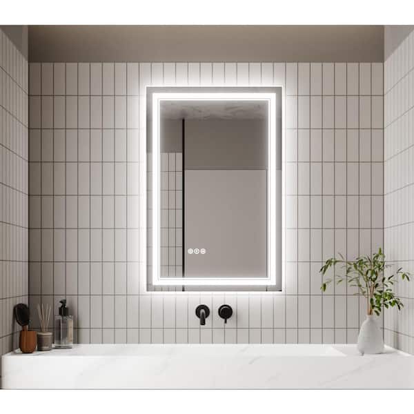EAKYHOM 24 in. W x 36 in. H Rectangular Frameless Anti-Fog Wall Dimmable Backlit Dual LED Bathroom Vanity Mirror in Silver