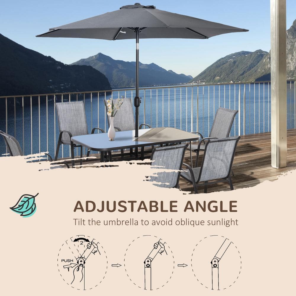 Gray 6-Person Outdoor Dining Set with Umbrella and Glass Top Table