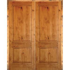 60 in. x 80 in. Rustic Knotty Alder 2-Panel Square Top Left Handed Solid Core Wood Double Prehung Interior French Door