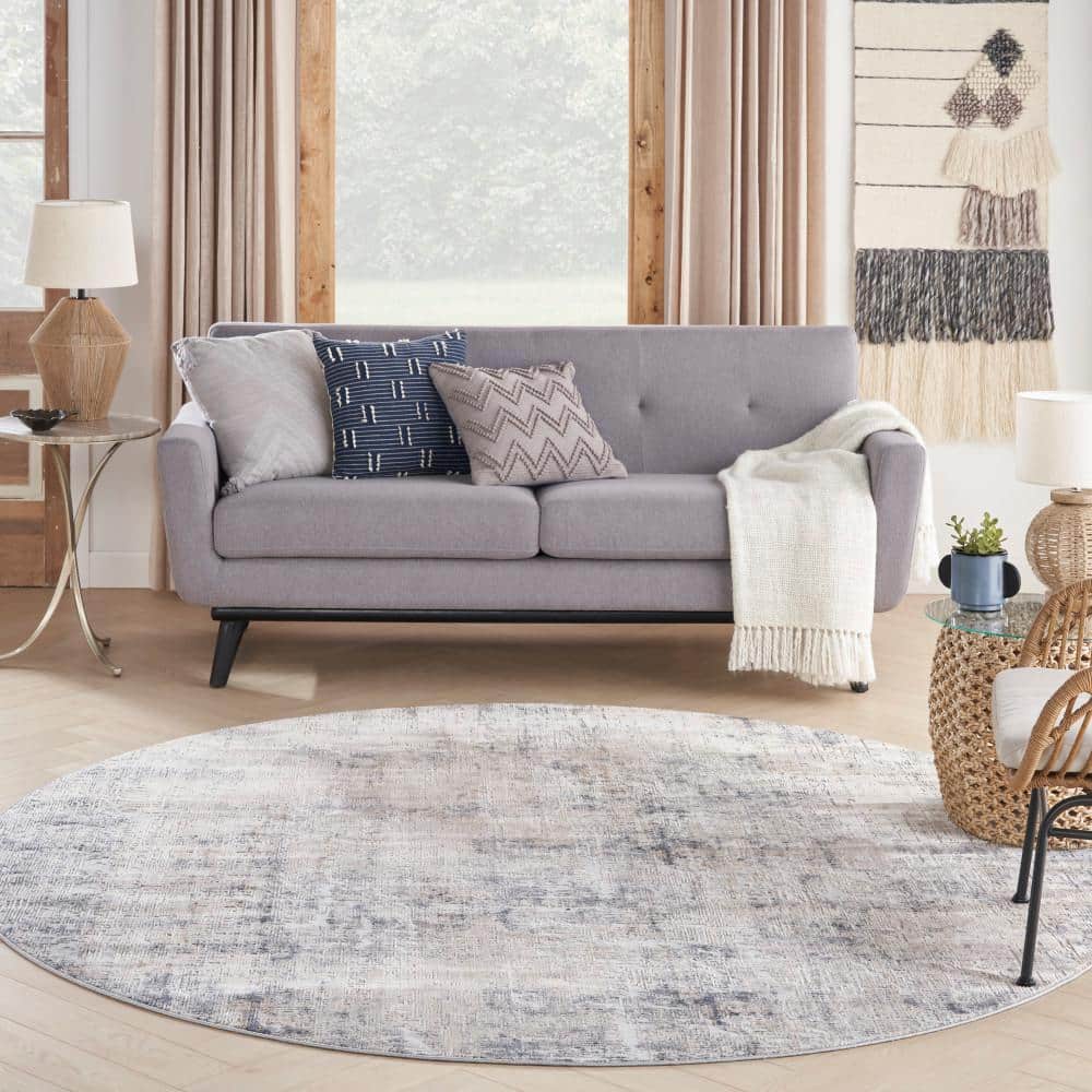 Abstract Grey & Beige Synthetic Round Area Rug, 7'10"