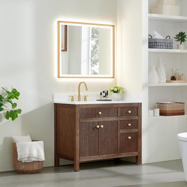 Cerrito 42 in. Single Freestanding Brown Brushed Oak Bath Vanity with Grain White Engineered Stone Top Assembled, Mirror