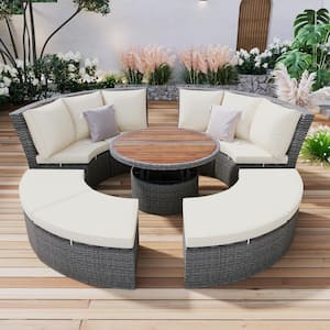 Patio Sectional Sofa Set of 5-Piece PE Wicker Round Outdoor Sunbed Day Bed with Round Liftable Table and Beige Cushions