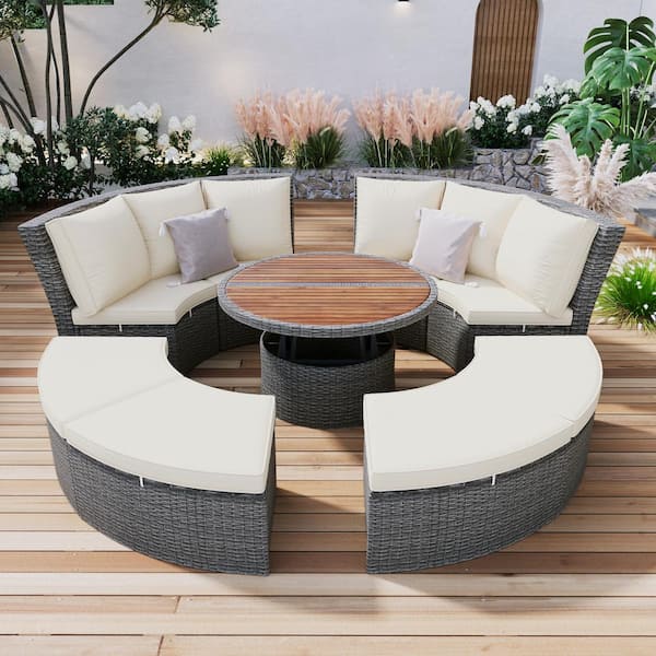 myhomore Patio Sectional Sofa Set of 5-Piece PE Wicker Round Outdoor Sunbed Day Bed with Round Liftable Table and Beige Cushions