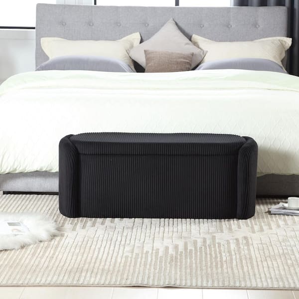 HOMEFUN 44 in. Modern Corduroy Upholstered Fabric Storage Ottoman Bench Entryway Padded Footstool in Black