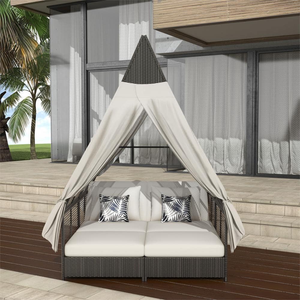 Wicker Outdoor Day Bed Lounge Bed with Adjustable Backrest, Curtains, 4 Pillows Beige Cushions