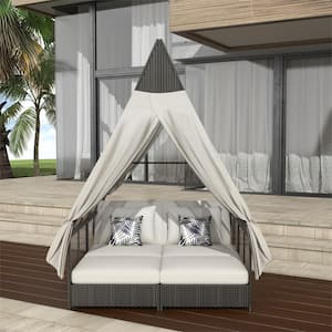 Wicker Outdoor Day Bed Lounge Bed with Adjustable Backrest, Curtains, 4 Pillows Beige Cushions