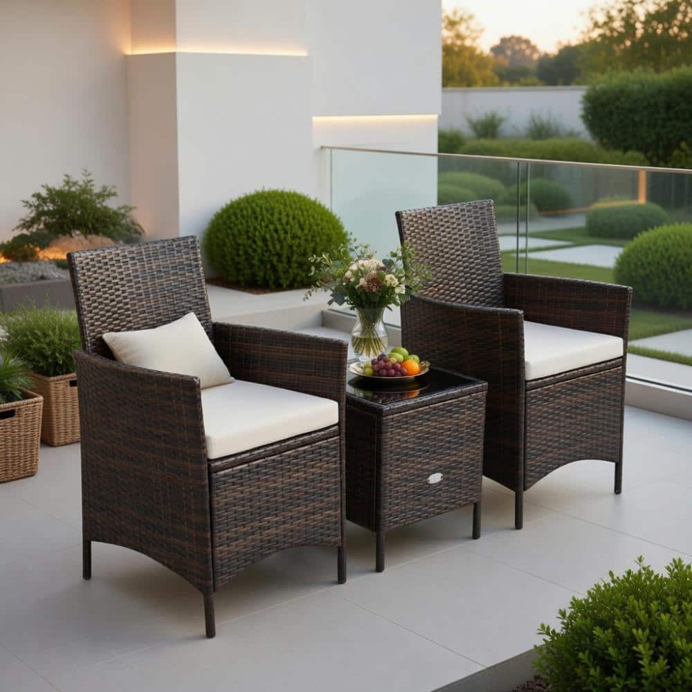 3-Piece White PE Rattan Patio Set – Chairs, Glass Table & Blue, Red & White Removable Cushions price history on PriceWatchPro