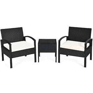 3-Piece PE Rattan Wicker Patio Conversation Set Sofa Set with White Washable and Removable Cushions