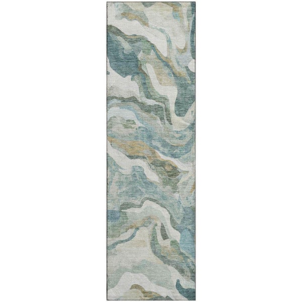 Mayfield Premium Machine Washable Abstract AMF2162 Teal 2 ft. x 7 ft. Runner Rug