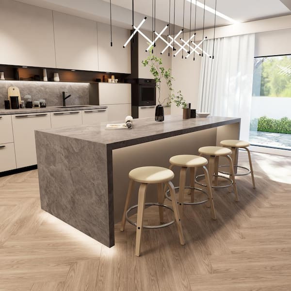 25 in. Counter Height Stool in Leather with Poplar Wood Legs and Iron Footrest 360-Swivel Seat in Washed Walnut/Taupe