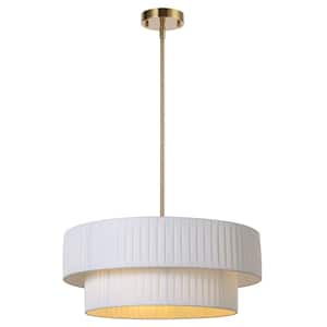 3-Light Antique Gold Drum Pendant Light with White Fabric Shade