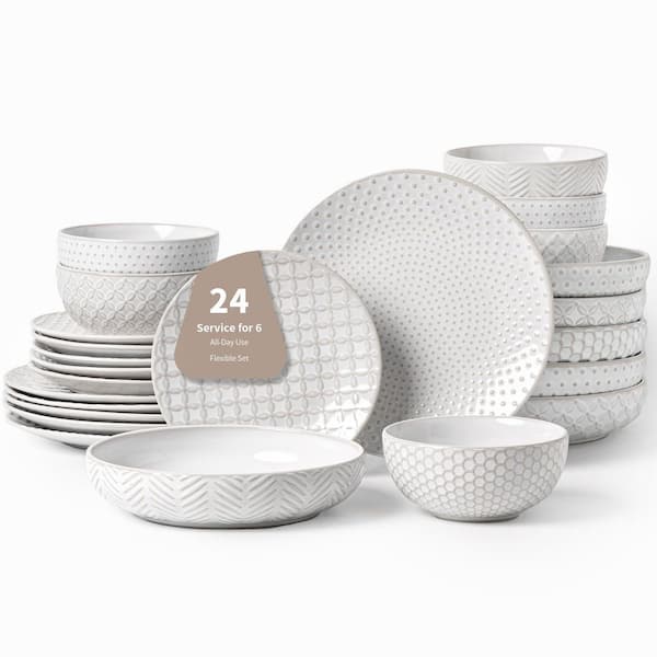 24-Piece Ceramic Dinnerware Set for 6 with Large Plates and Bowls, Embossed Tableware for Family Dining