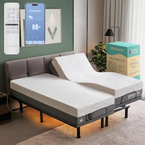 Gray Split-King Adjustable Bed Frame with 12 in.Cooling Gel Memory Mattress, Massage, USB, Under-Bed Light, Remote/App