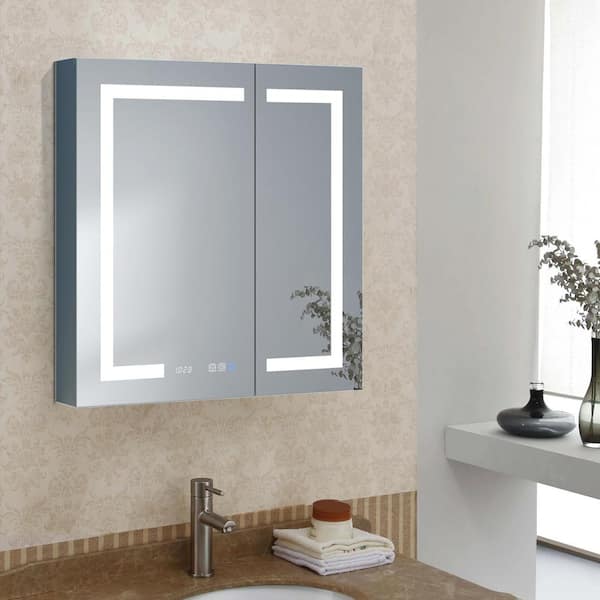30 in. W x 32 in. H Rectangular Silver Aluminum Recessed/Surface Mount LED Medicine Cabinet with Mirror
