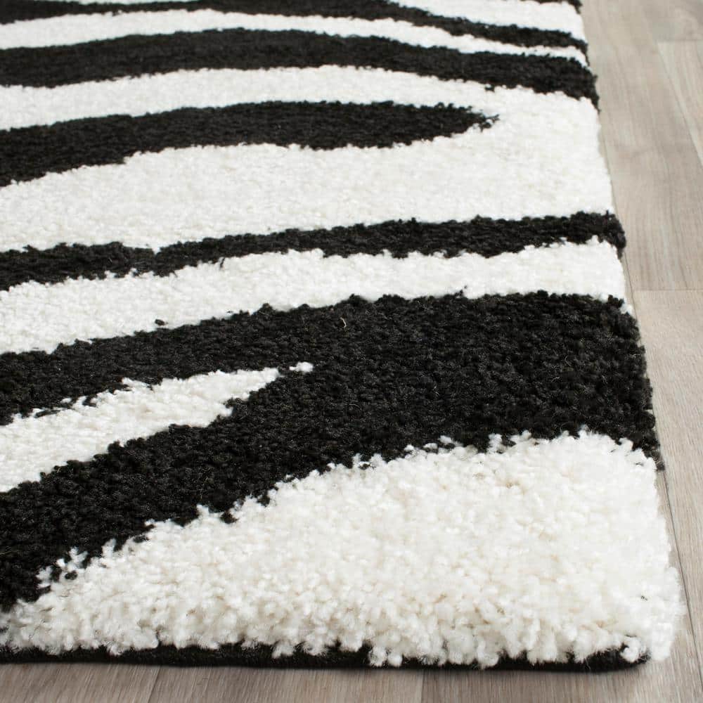 Ivory and Black Stripe Hand-Knotted Shag Runner Rug 2'3" x 11'