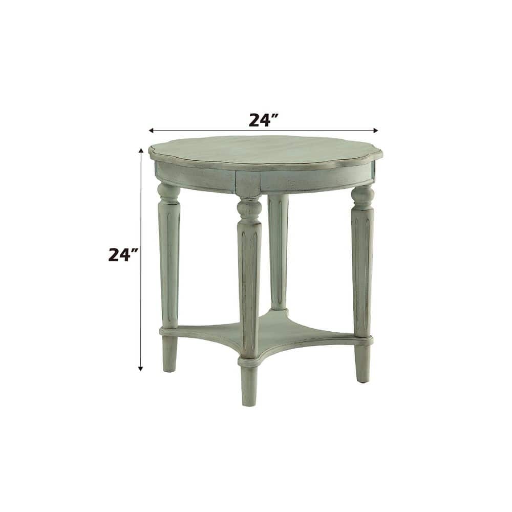 Antique Green Round Wooden End Table with Metal Accents
