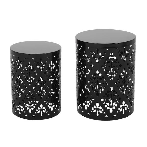Noble House Soto Black Cylindrical Metal Outdoor Patio Side Table (Set of 2)