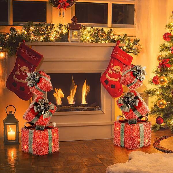 LuxenHome 31.89 in. H Red Frosted Gift Boxes with Battery Operated