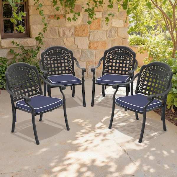 Black Stackable Elegant Cast Aluminum Patio Outdoor Dining Chair with Blue Cushion(4-Pack)