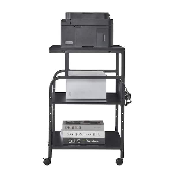 30.2 in. Printer Stand with USB and Power Outlet, 3-Tier Adjustable Rolling Cart with Lockable Wheels for Office, Black