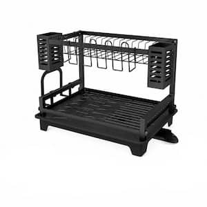 Black 2-Tier Dish Drying Rack with Drainboard and Utensil Holders for Kitchen Counter and Sink Storage in Stainless
