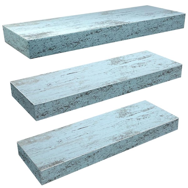 Sorbus 5.5 in. x 16 in. x 1.5 in. Rustic Blue Distressed Wood Decorative Wall Shelves with Brackets (3-Pack)