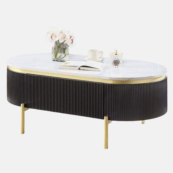 wetiny 48 in. Black Plus Dark Walnut Oval Faux Marble Top Coffee Table