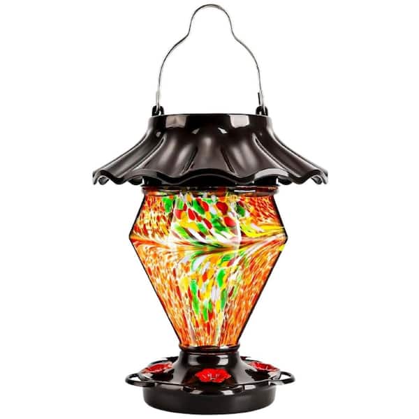 Justincity Red Finish Glass Hummingbird Feeder 35 Ounces Gem Diamond Shaped Hand Blown Glass with 5 Metal Perches Solar Powered