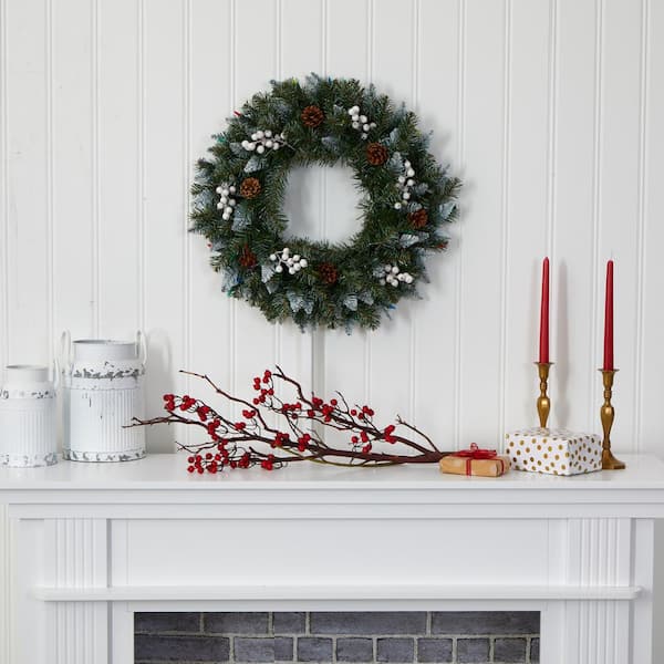 Snowy Artificial Pine, Red Berry 20 Stem, Faux Christmas Greenery