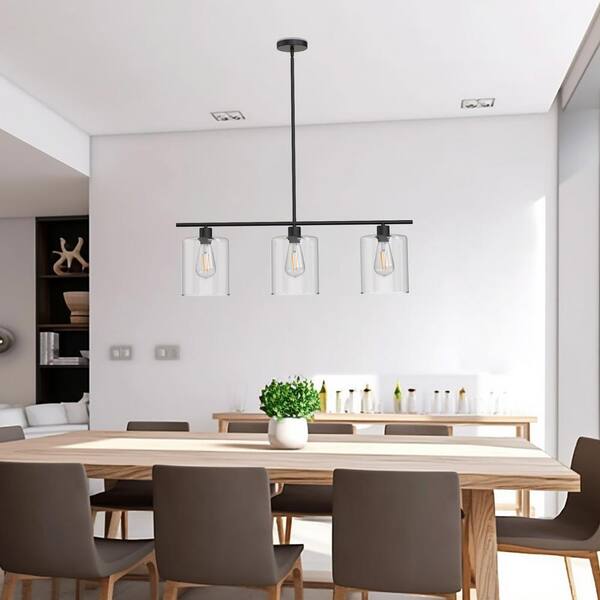 YANSUN 3-Light Matte Black Island Pendant with Clear Glass Shades