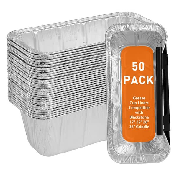 50-Pack Aluminum Foil Grease Cup Liners Disposable Drip Pan Tray for Gas Griddle Grill with Mess-Free Cleanup