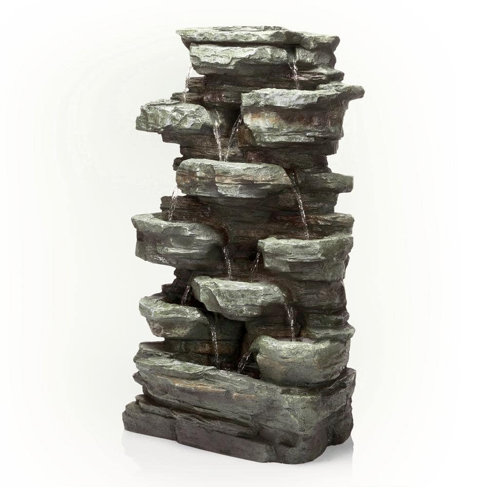 Gray Stone 39" Solar Powered Tiered Rock Fountain with LED Lights