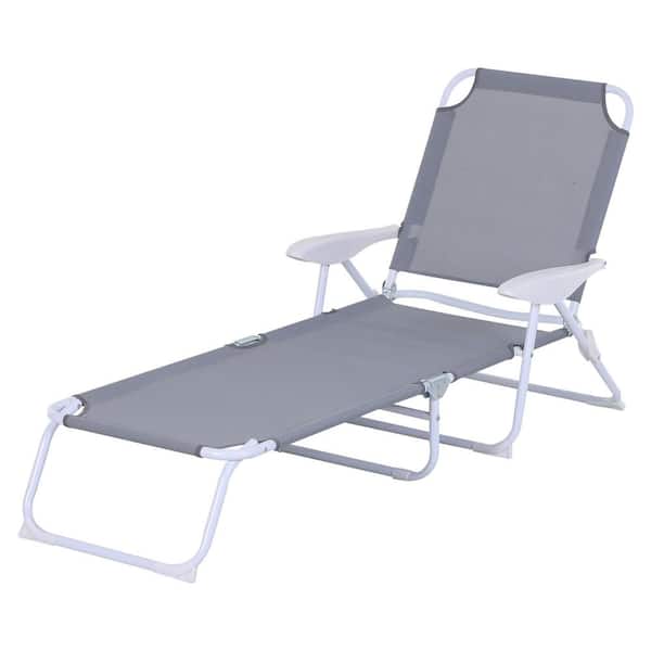 Otryad 1-Piece Metal Outdoor Chaise Lounge, Folding Outdoor Sun Tanning Chair w/4-Position Reclining Back and Armrests, Gray