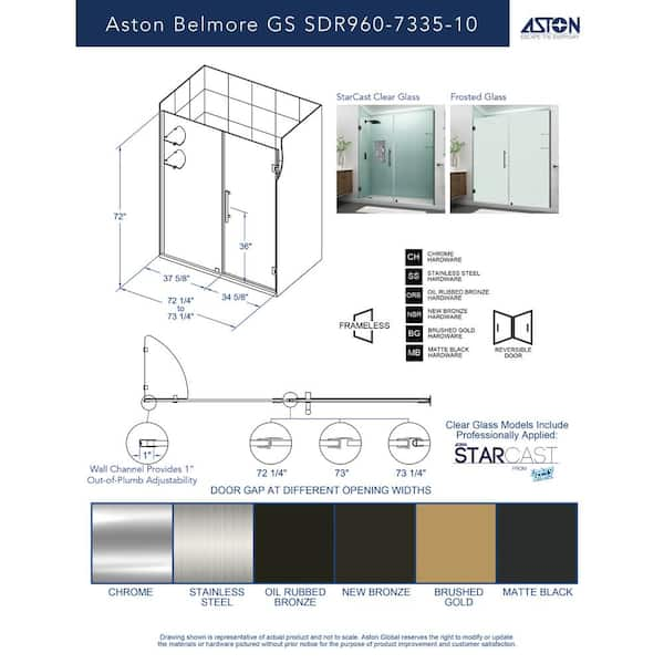 Aston Belmore GS 72.25 in. to 73.25 in. x 72 in. Frameless Hinged Shower  Door with Frosted Glass and Glass Shelves in Chrome SDR960F-CH-7335-10 -  The Home Depot