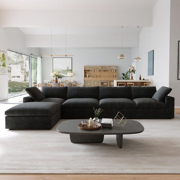 157.3 in. Square Arm 5-Piece Linen Modular Sectional Sofa with Storage Ottoman, Removable Covers in. Black