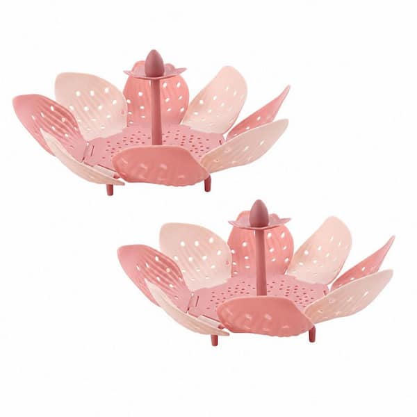 2-Pack Vegetable Steamer Basket, Folding Expandable Steamer with Silicone Insulated Handle, Steamer Basket for Pot, Pink