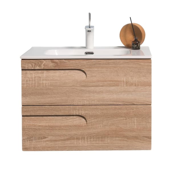 Joy 28 in. Single Sink Floating Maple Bath Vanity with White Porcelain Top (Assembled)