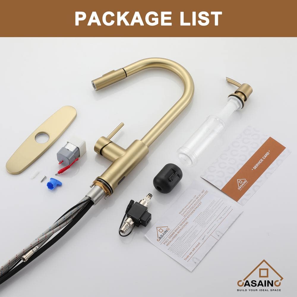 Brushed Gold Stainless Steel Pull-Down Kitchen Faucet with Infrared Sensor