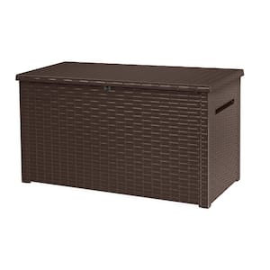 Java 230 Gal. Large Rattan Look Resin Deck Box for Patio Garden Furniture, Outdoor Storage Container, Brown