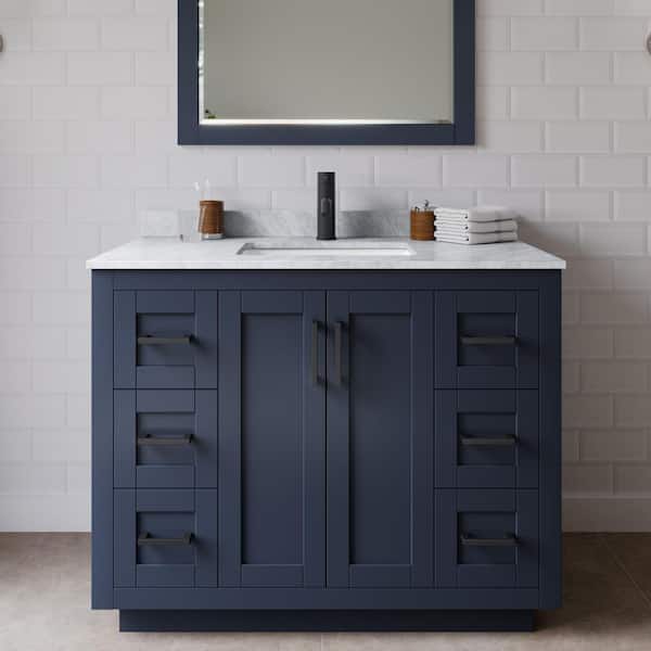 Wyndham Collection Miranda 42 in. W Single Bath Vanity in Dark Blue with Marble Vanity Top in White Carrara with White Basin and Mirror