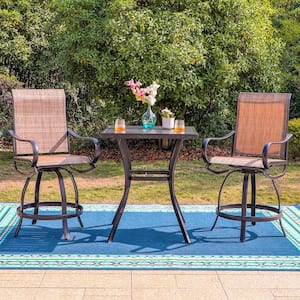 Black 3-Piece Metal Square Outdoor Bistro Patio Bar Set with Slat Bar Table and Swivel Bistro Chairs