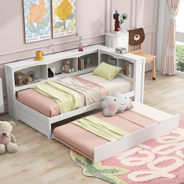Polibi White Twin Size Daybed with Trundle, Storage Cabinets and USB Ports