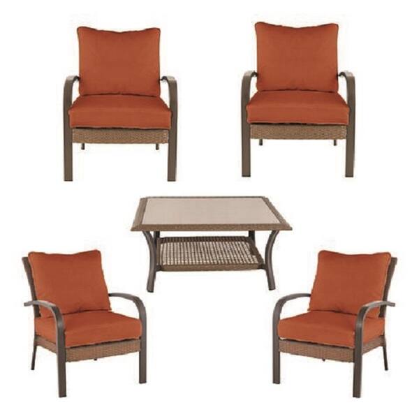 Hampton Bay Corranade Brown 5 Piece Wicker Outdoor Patio Conversation Set With Standard Quarry Red Cushions H207 01407000 The Home Depot - Corranade 5 Piece Wicker Patio Conversation Set With Charleston Cushions