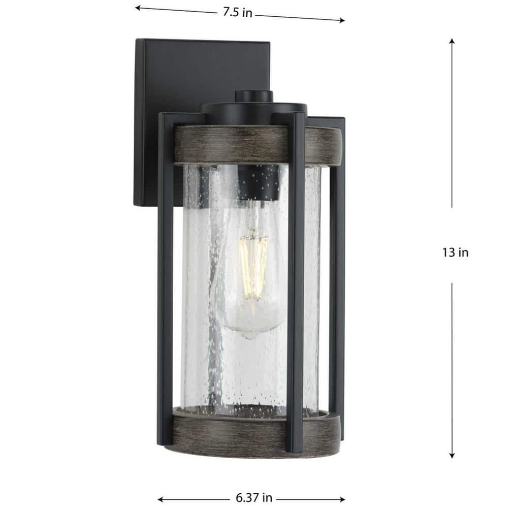 Matte Black and Wood Outdoor Wall Lantern with Seeded Glass
