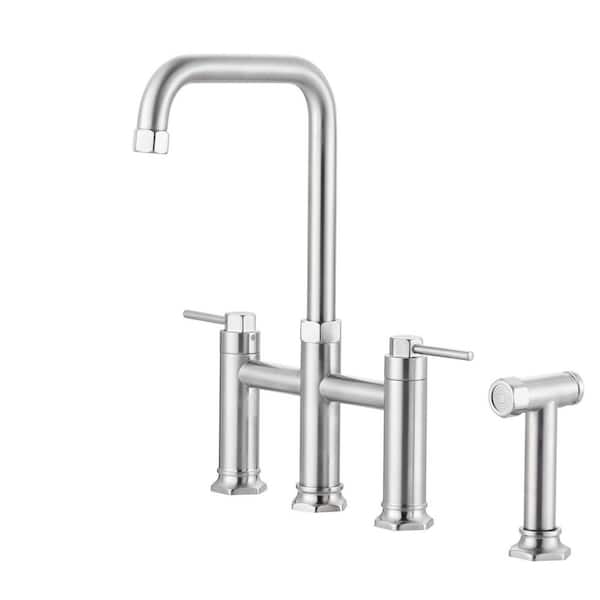 Elegant Brass Double Handle Bridge Kitchen Faucet with Side Sprayer, 59 in. Hose, and Supply Lines in Brushed Nickel